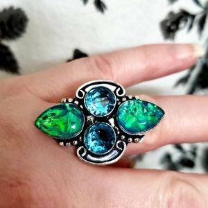 New Dichroic Glass and Blue Topaz 925 Silver Ring.